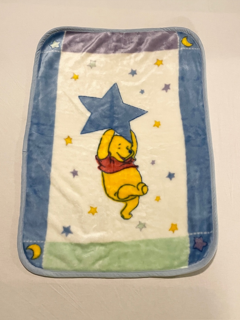 Disney Winnie the Pooh Plush Baby Blanket Stars Moon Nemcor Soft Blue